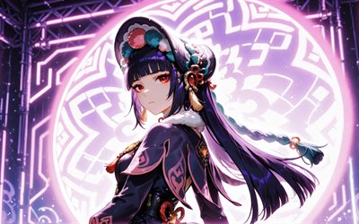 yun jin, 4k, violette neonringe, genshin impact, nacht, neonlichter, anime charaktere, rote augen, genshin impact charaktere, yun jin genshin impact