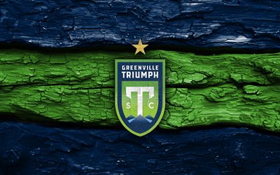 Greenville Triumph SC wooden logo, 4k, blue green wooden background, USL League One, soccer, Greenville Triumph SC logo, football, Greenville Triumph SC emblem, american soccer club, Greenville Triumph SC
