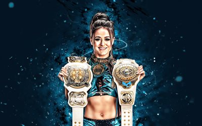 Lyra Valkyria, 4k, blue neon lights, WWE, creative, Irish wrestler, Lyra Valkyria with belts, blue  abstract background, World Wrestling Entertainment, wrestlers, Lyra Valkyria 4K