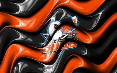 logotipo 3d do san diego gulls, 4k, ondas 3d laranja pretas, ahl, hóquei, bandeira das gaivotas de san diego, criativo, logotipo do san diego gulls, emblema do san diego gulls, time canadense de hóquei, gaivotas de san diego