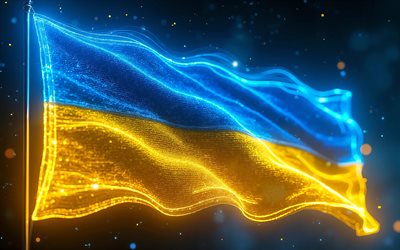 leuchtende flagge der ukraine, 4k, digitale kunst, dunkler abstrakter hintergrund, ukraine flagge am fahnenmast, neonstrahlen, flagge der ukraine, ukrainische flagge, europa, stoffwellen ukraine flagge, ukraine 3d flagge, ukraine