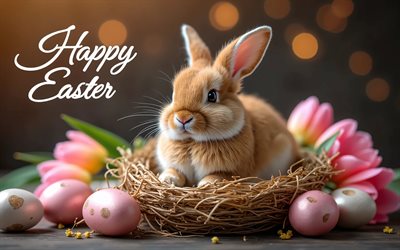 coelhinho da páscoa, 4k, ninho de palha, bokeh, tulipas feliz páscoa, flores, ovos de páscoa, decorações de páscoa, coelho, fundos de páscoa, coelhinhos, coelhinhos da páscoa, inscrição de feliz páscoa, páscoa