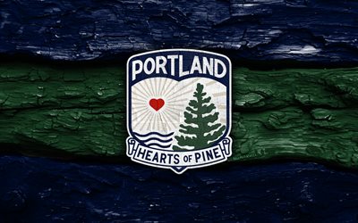 Portland Hearts of Pine wooden logo, 4k, blue green wooden background, USL League One, soccer, Portland Hearts of Pine logo, football, Portland Hearts of Pine emblem, american soccer club, Portland Hearts of Pine