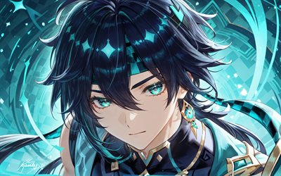 4k, Kinich, close-up, turquoise abstract background, Genshin Impact, turquoise neon rays, anime characters, Genshin Impact characters, Kinich Genshin Impact