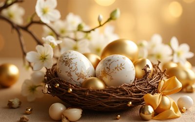 ovos de páscoa dourados, 4k, flor de maçã, feliz páscoa, primavera, ovos de páscoa com enfeites dourados, decorações de páscoa, conceitos de páscoa, páscoa