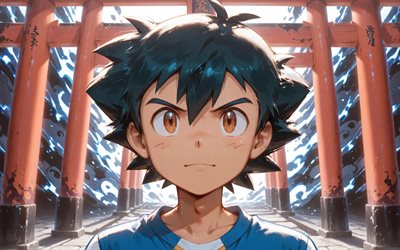 4k, ash ketchum, puertas torii, resplandor azul, pokémon, protagonista, satoshi, manga, personajes pokemon, obra de arte, pokémon ash ketchum