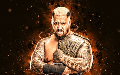 4k, solo sikoa, orange neonljus, wwe, kreativ, amerikansk brottare, joseph fatu, solo sikoa med bälte, orange abstrakt bakgrund, world wrestling entertainment, brottare, solo sikoa 4k