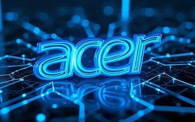 4k, logo acer in vetro blu, arte digitale, oscurità, sfondi hi tech blu, bokeh, logo acer 3d, opera d'arte, logo luminoso acer, logo dell'acer, marchi di elettronica, acer