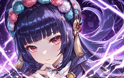 yun jin, 4k, violette lichter, genshin impact, violette neonlichter, anime charaktere, rote augen, genshin impact charaktere, yun jin genshin impact