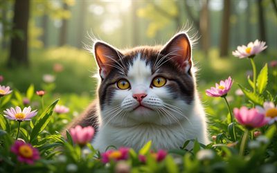 hauskatze mit kurzen haaren, 4k, frühling, bokeh, katzen, süße tiere, haustiere, frühlingsblumen, katze auf dem rasen