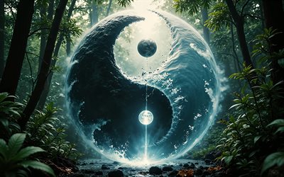 علامة يين ويانغ, 4k, غابة, الأشجار, رمز يين ويانغ, شعار يين ويانغ, مفاهيم الين واليانغ, فلسفة, يين ويانغ