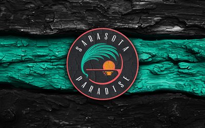 Sarasota Paradise wooden logo, 4k, black turquoise wooden background, USL League One, soccer, Sarasota Paradise logo, football, Sarasota Paradise emblem, american soccer club, Sarasota Paradise