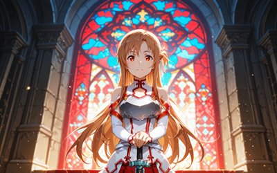 4k, yuuki asuna, vidrieras, castillo, arte de espada en línea, manga, protagonista, asuna yuuki, personajes de sword art online, asuna, yuuki asuna espada arte en línea