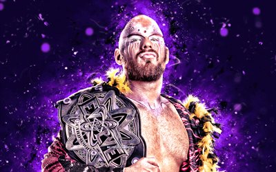 Aaron Rourke, 4k, violet neon lights, WWE, creative, american wrestler, Aaron Rourke with belt, NXT, violet abstract background, World Wrestling Entertainment, wrestlers, Aaron Rourke 4K