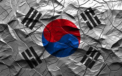 4k, bandera de corea del sur, textura de piedra, asia, bandera 3d de corea del sur, fondo con grietas, corea del sur