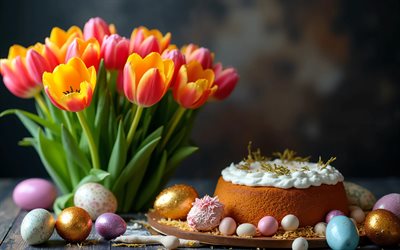 كعكة عيد الفصح, 4k, باقة من زهور التوليب, بيض عيد الفصح, خوخه, عيد فصح سعيد, زينة عيد الفصح, أرانب عيد الفصح, خلفيات عيد الفصح, عيد الفصح