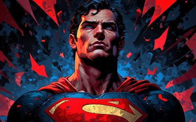 4k, supermies, abstrakti taide, supersankareita, punainen sininen grunge tausta, marvel sarjakuvat, superman art, fanitaidetta, superman 4k
