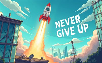 4k, Never Give Up, creative, rocket takeoff, motivation, cartoon art, inspiration, popular short quotes, Never Give Up concepts, Never Give Up inspiration, Never Give Up Art