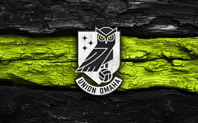 Union Omaha wooden logo, 4k, black green wooden background, USL League One, soccer, Union Omaha logo, football, Union Omaha emblem, Union Omaha SC, american soccer club, Union Omaha