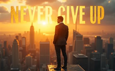 Never Give Up, 4k, businessman, skyline cityscape, motivation, inspiration, popular short quotes, Never Give Up concepts, Never Give Up inspiration, creative, Never Give Up Art