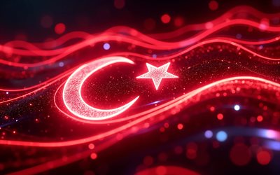 4k, علم تركيا متوهج, خوخه, موجات النيون الحمراء, علم تركيا, فن ثلاثي الأبعاد, العلم التركي, أوروبا, موجات النيون علم تركيا, ديك رومى, علم تركيا ثلاثي الأبعاد, علم تركيا مجردة