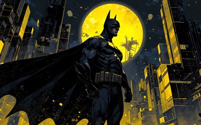 말 당번, 4k, 밤, 노란 달, 추상 미술, dc 코믹스, 슈퍼 히어로, 건물, 배트맨 아트, 팬 아트, 배트맨 4k