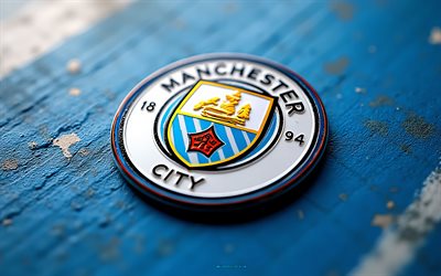 logotipo metálico del manchester city fc, 4k, fondo metálico azul, hombre de la ciudad, logotipo del manchester city, logotipo del manchester city fc, emblema del manchester city fc, inglaterra, manchester city fc