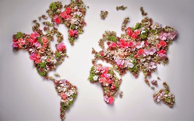 Mappa del mondo da fiori, mappa del Mondo, creativo, mappa del mondo, i continenti