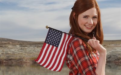 Karen Gillan, actress, smile, american flag, US flag