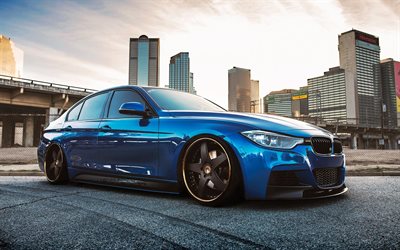 sedans, tuning, 2016, BMW M3, 3-series, F30, cityscapes, blue BMW