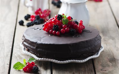 chocolate cake, sweets, chocolate, icing, berries, cake