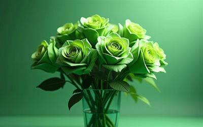 4k, grüne rosen bouquet, grüner hintergrund, grüne rosen, 3d  blumen, 3d  rosen, rosenstrauß, grüne blüten, rosen, hintergrund mit grünen rosen