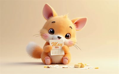 2025 may calendar, 4k, 3d carino scoiattolo, calendario del maggio 2025, bunny con calendario, piccolo scoiattolo 3d, possa calendari, 2025 concetti, may calendar 2025, scoiattolo, sfondo arancione