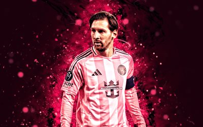 4k, Lionel Messi, purple abstract backround, Inter Miami CF, MLS, Argentine footballers, purple neon lights, Lionel Messi 4K, football, soccer, Leo Messi, Inter Miami FC, Major League Soccer, Lionel Messi Inter Miami