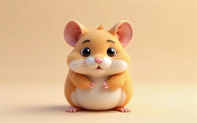 4k, hamster 3d fofo, cartoon 3d hamster, animais fofos, hamster, animais 3d, cartoon 3d animais, hamster engraçado, pequeno hamster, fundo laranja