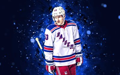 4k, Adam Fox, blue abstract background, New York Rangers, NHL, American hockey players, Adam Fox 4k, blue neon lights, hockey, National Hockey League, Adam Fox New York Rangers