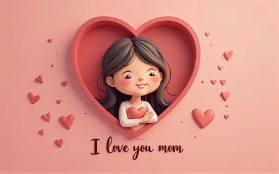 4k, te amo mamá, niña de dibujos animados 3d, amor por la madre, mamá te amo mensaje, mamá, fondo rosa, te amo mamá tarjeta de felicitación, felicitaciones por el día de la madres, tarjeta de felicitación en el día de la madre