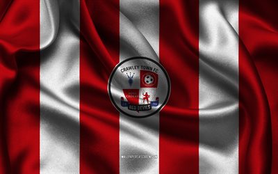 4k, crawley town fc logo, rot weiß seidenstoff, englische fußballmannschaft, crawley town fc emblem, liga eins, crawley town fc, england, fußball, crawley town