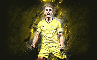 gustav isaksen, ss lazio, calciatore danese, sfondo di pietra gialla, grunge art, lazio, serie a, italia, calcio, gustav isaksen lazio