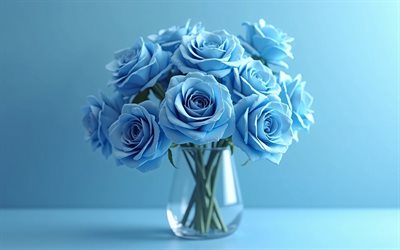 4k, blue roses bouquet, blue background, blue roses, 3d flowers, 3d roses, roses bouquet, blue flowers, roses, background with blue roses