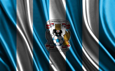 4k, Coventry FC logo, Championship, blue white silk texture, Coventry FC flag, English football team, football, silk flag, Coventry FC emblem, England, Coventry FC badge, Coventry FC
