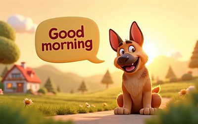 buen día, 4k, pastor alemán de dibujos animados, arte 3d, amanecer, verano, burbujas de habla, buenos días deseos, mascotas, perros, pastor alemán, perros de dibujos animados, conceptos de buenos días