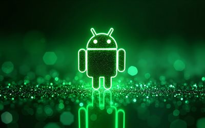 android green  logo, 4k, luova, vihreä glitter  tausto, tuotemerkit, android neon  logo, os  logo, android abstract logo, taideteos, android  logo, android 3d  logo, androidi