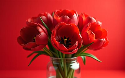 4k, röda tulpaner, röd bakgrund, 3d  blommor, 3d  tulpaner, tulpaner, röda blommor, bakgrund med röda tulpaner, 3d red tulpan