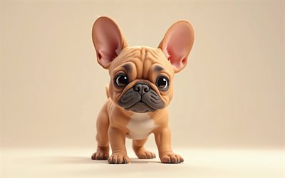 4k, süße 3d  französische bulldogge, cartoon 3d waschbär, süße tiere, französische bulldogge, 3d  tiere, cartoon 3d  tiere, lustige französische bulldogge, kleine französische bulldogge, orangefarbener hintergrund