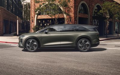 2025, gravité lucide, 4k, vue latérale, extérieur, voitures électriques, gravité lucide verte, suv électrique, nouvelle gravité lucide 2025, voitures américaines, lucide