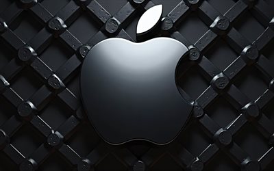 4k, logo apple metal, creativo, sfondi della griglia metallica, logo 3d apple, grunge art, logo apple, marchi elettronici, mela, logo dei marchi