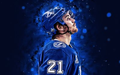 Brayden Point, 4k, blue neon lights, Tampa Bay Lightning, NHL, Canadian hockey players, Brayden Point 4K, hockey, National Hockey League, Brayden Point Tampa Bay Lightning