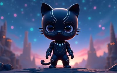 panthère noire, 4k, super héros, art de chibi, comics marvel, black panther chibi, nuit, art 3d, black panther 3d, fan art, black panther 4k