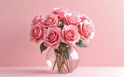 4k, pink roses bouquet, rosa hintergrund, rosa rosen, 3d  blumen, 3d  rosen, rosenstrauß, rosa blumen, rosen, hintergrund mit rosa rosen